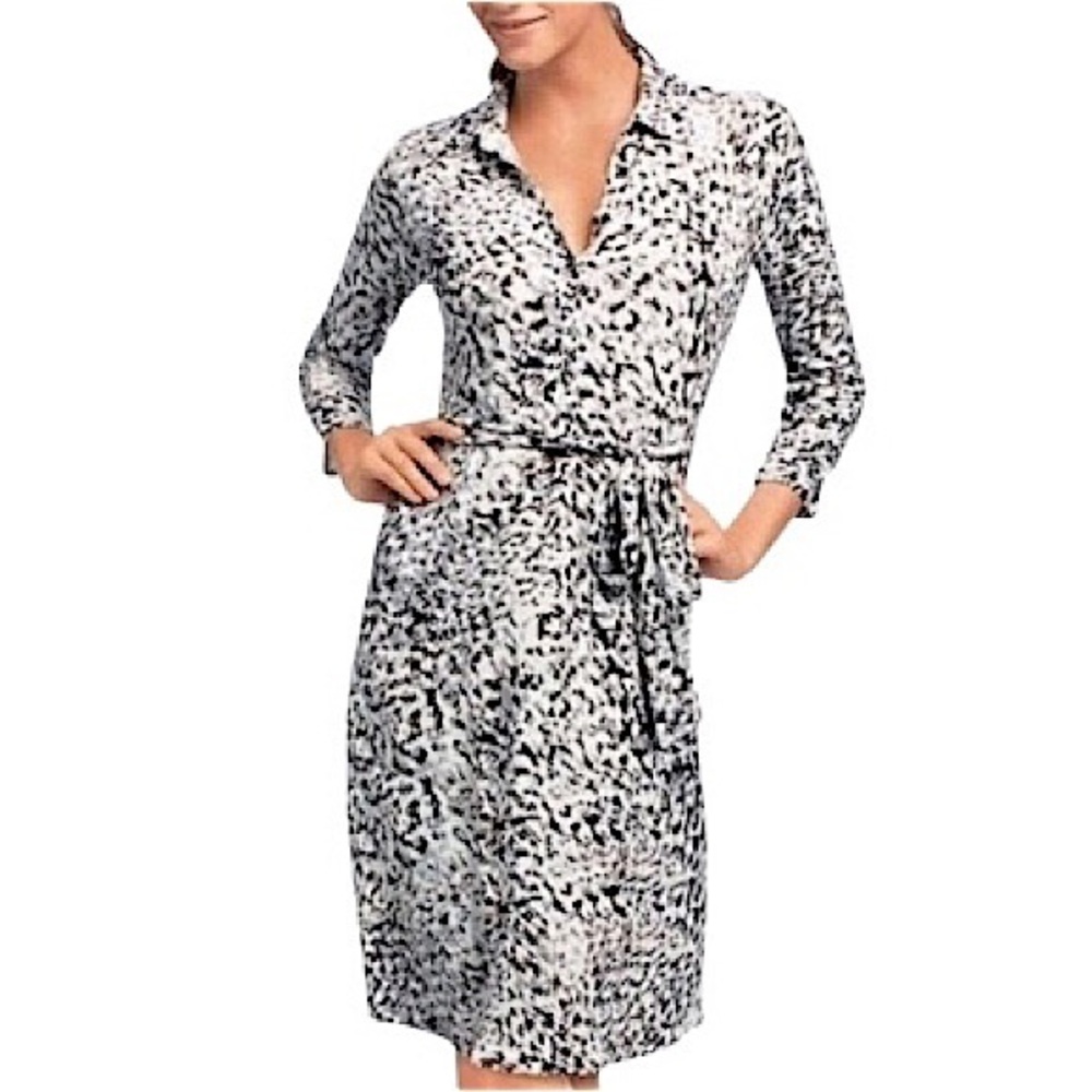 Cabi Stretch Jersey Black Gray Tan Soft 1/2 buttons Belted Shirt Dress S
